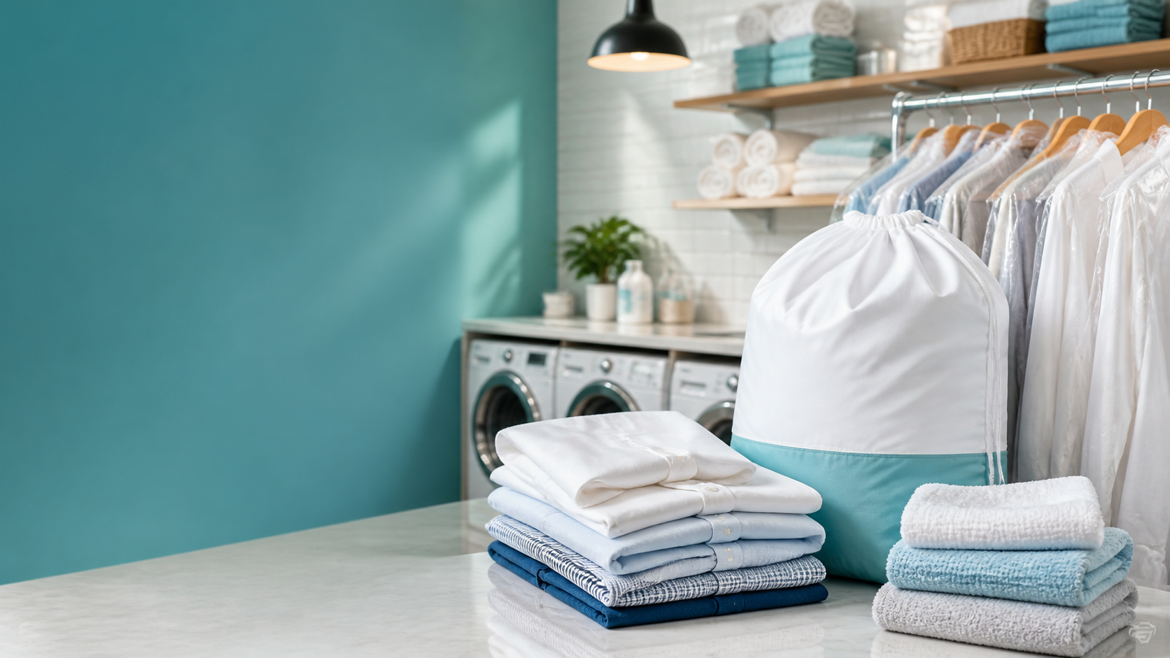 Modern laundry studio with folded clothes, garment racks and a pickup laundry bag