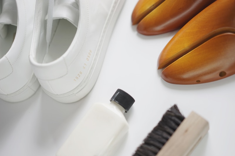 Shoe care kit with white sneakers and brushes